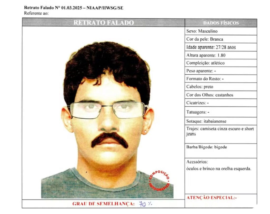 Policia divulga retrato falado de suspeito de estupro em Itabaiana; denuncie pelo Disque-Denúncia 181