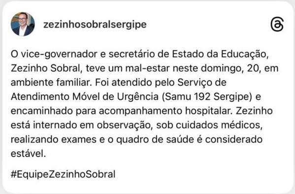 Vice-governador de Sergipe, Zezinho Sobral, passa mal na Caueira e é resgatado pelo GTA