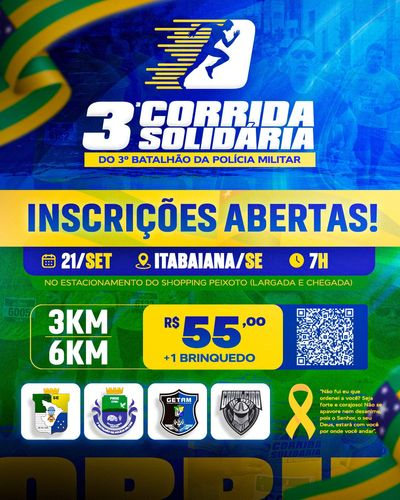 Inscrições abertas para a 3ª Corrida Solidária do 3º BPM em Itabaiana; saiba como participar