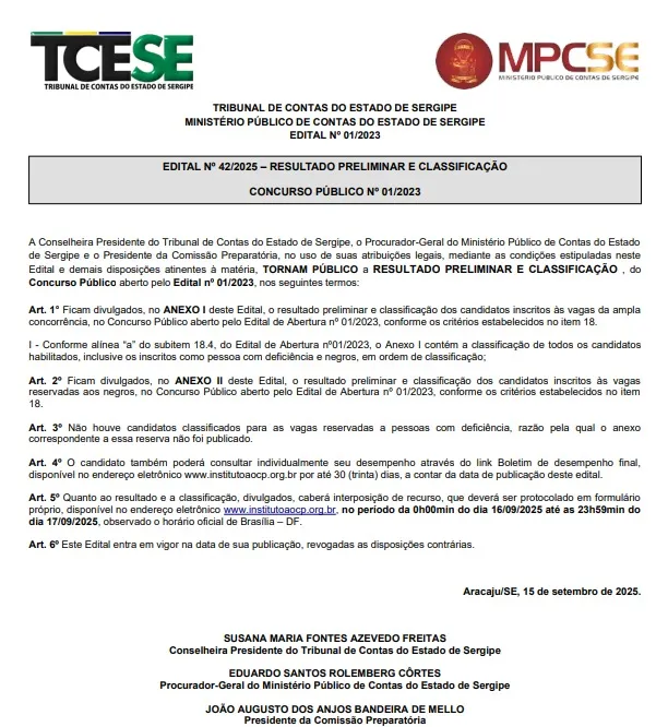 MPC-SE divulga classificação preliminar de concurso para subprocurador