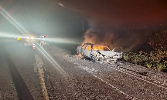 Carro incendeia após atropelar vaca na rodovia SE-270, em Salgado