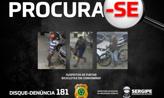 Polícia divulga imagens de trio suspeito de furtar 15 bicicletas em condomínio da Farolândia