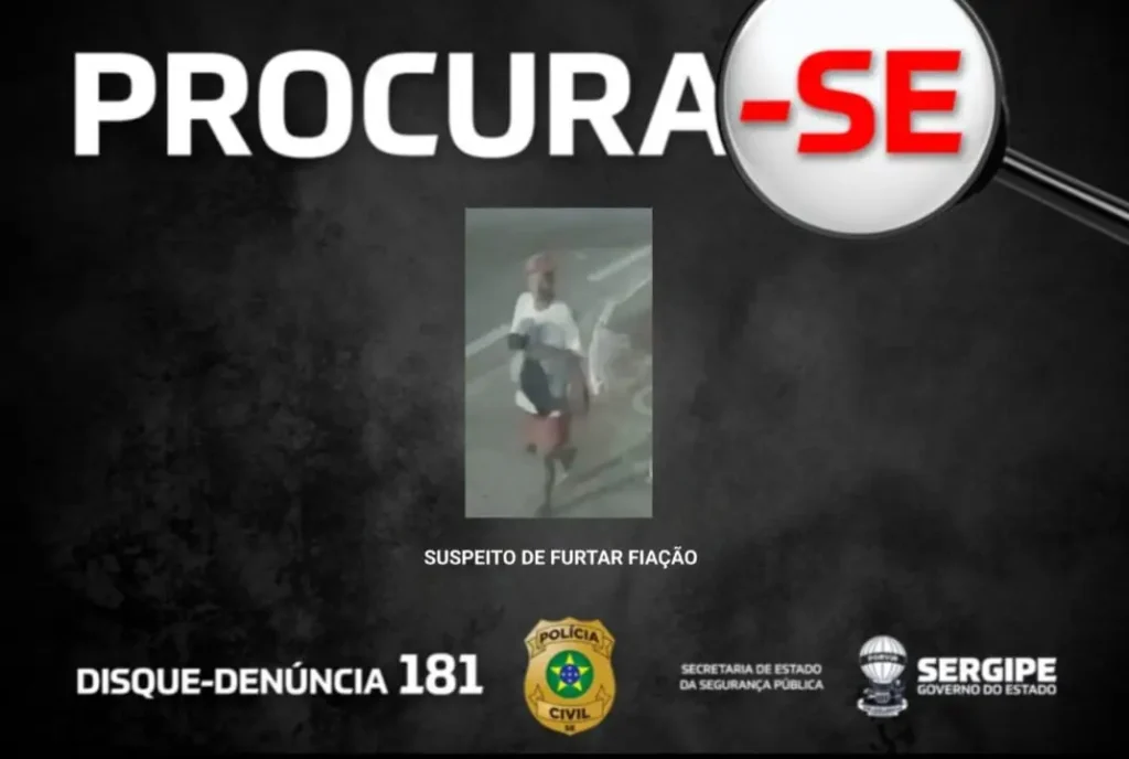 Polícia divulga imagem de suspeito de furtar cabos de fibra óptica na avenida Gentil Tavares, em Aracaju