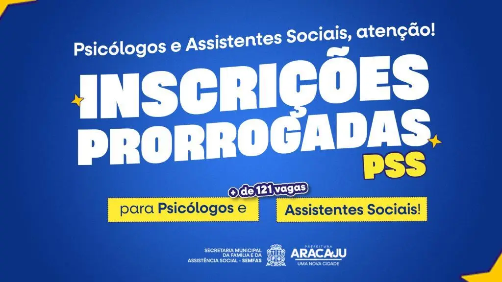 Prefeitura de Aracaju estende inscrições para PSS de psicólogos e assistentes sociais até segunda-feira