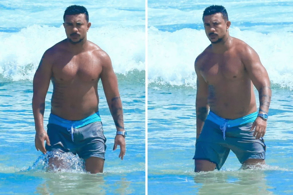 Xamã aproveita dia de sol na praia e chama atenção com estilo relaxado