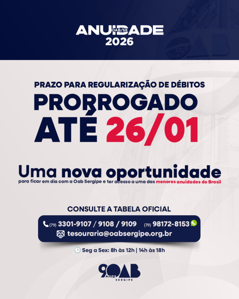 OAB Sergipe estende prazo para advogados regularizarem anuidade e manterem descontos em 2026