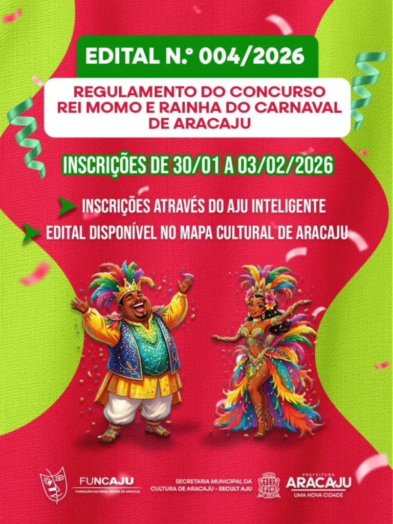 Aracaju lança edital para escolher Rei Momo e Rainha do Carnaval 2026