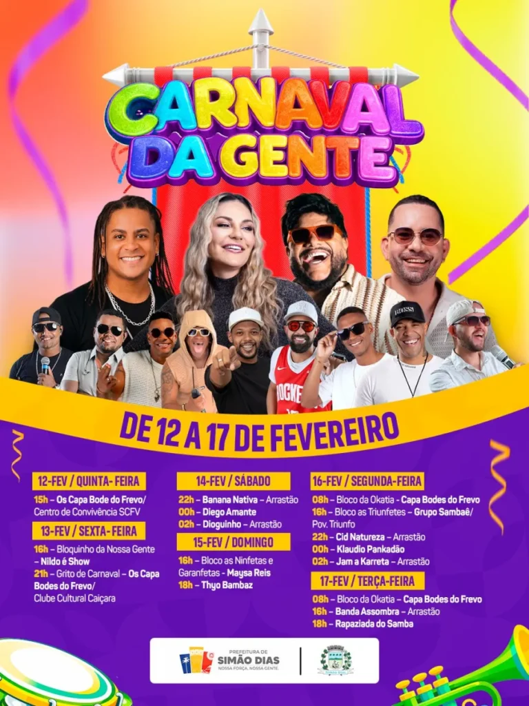 Simão Dias divulga calendário completo do Carnaval da Gente 2026
