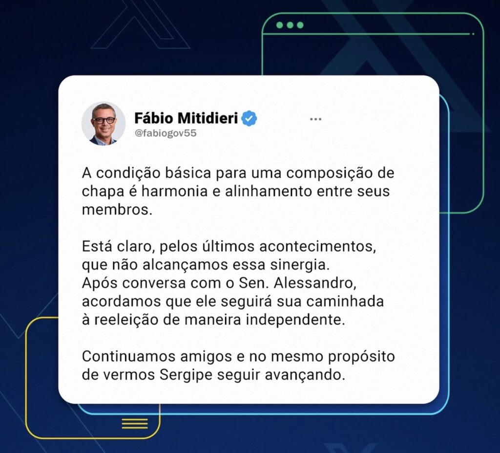 Crise no Bloco Governista: Fábio Mitidieri anuncia saída de Alessandro Vieira da chapa