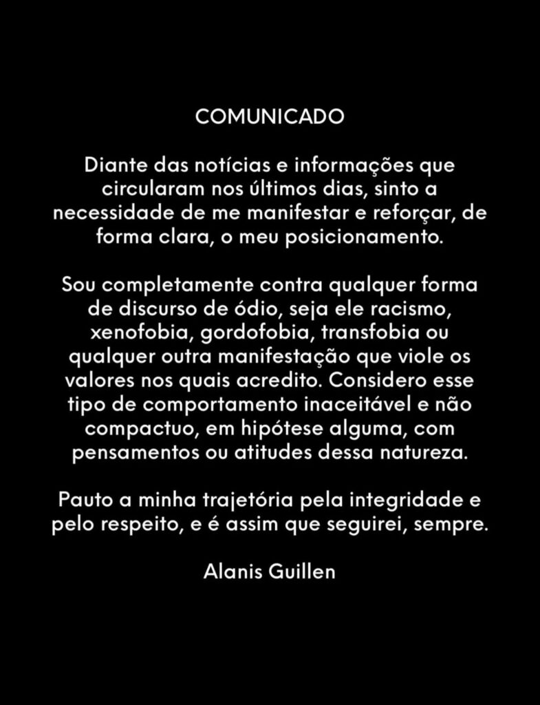 Alanis Guillen confirma fim de namoro após vazamento de supostas publicações ofensivas da ex