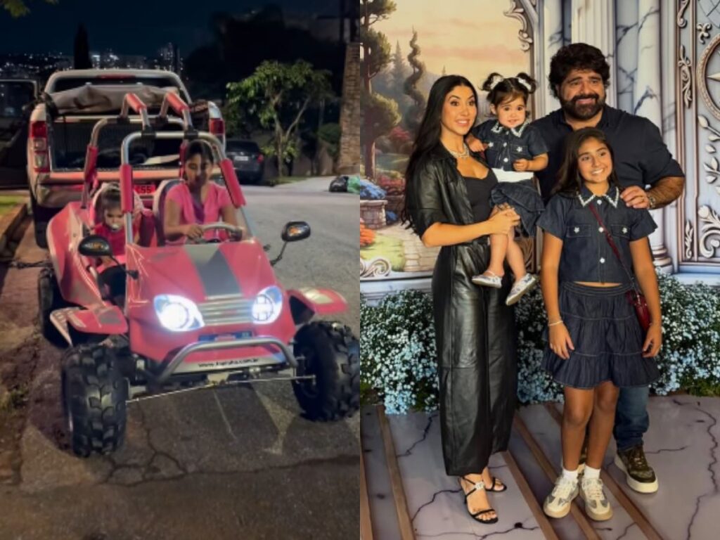 Filha de Fabiano Menotti, Júlia, recebe mini buggy rosa em surpresa dos pais