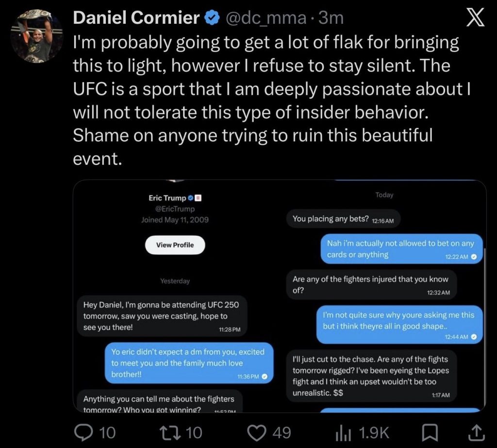 Daniel Cormier expõe mensagens de Eric Trump pedindo dicas de apostas no UFC