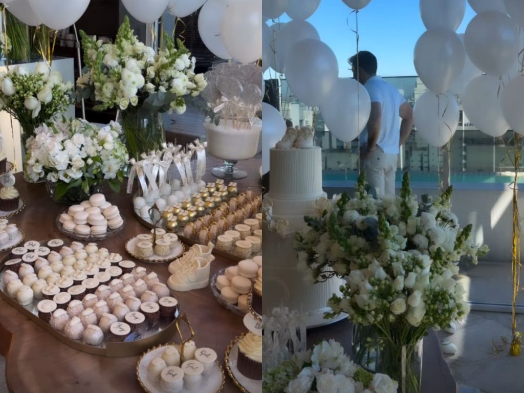 Sabrina Sato e Nicolas Prattes realizam chá revelação em casa com a família