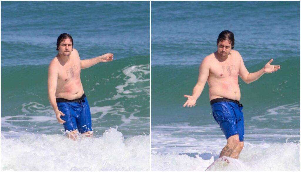 Felipe Dylon curte aniversário em Ipanema com surfe e cachorro