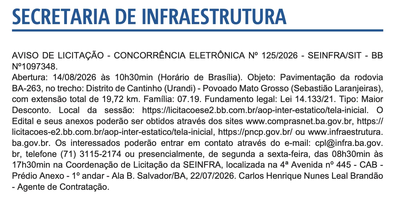 Governo da Bahia abre licitação para pavimentar trecho da BA-263