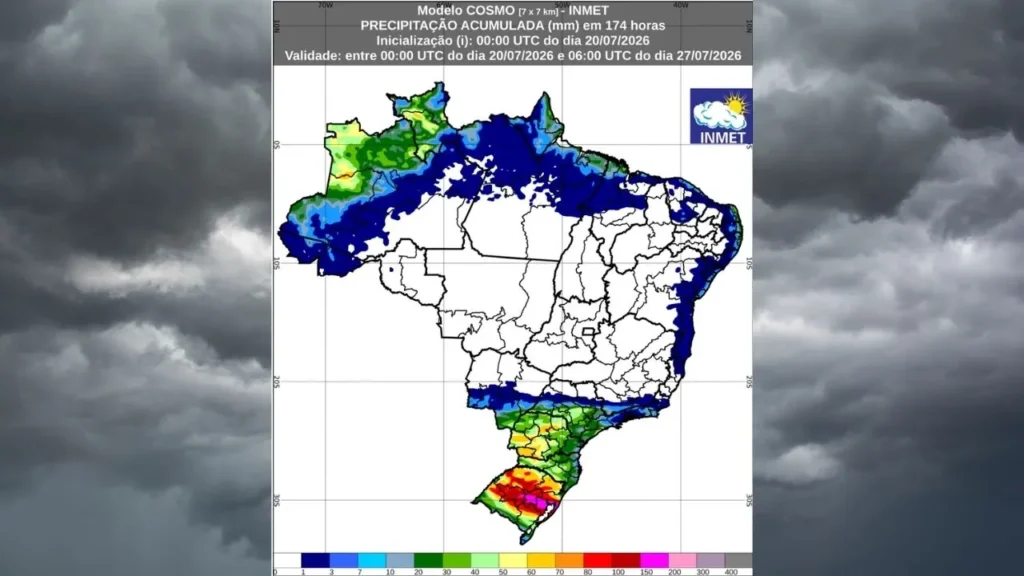 Previsão do Inmet aponta chuvas intensas e temperaturas variadas até 27 de julho