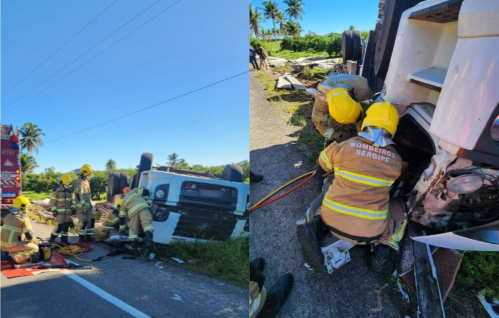 Três homens ficam feridos após caminhão de cerveja colidir com mureta na BR-101