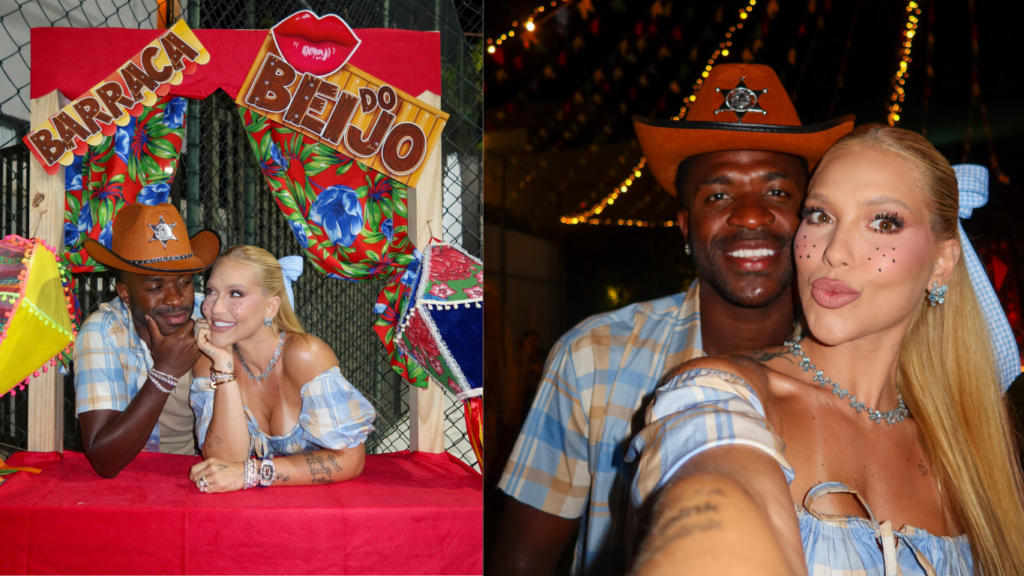 Virginia e Vini Jr. posam juntos em barraca do beijo em festa julina no Rio