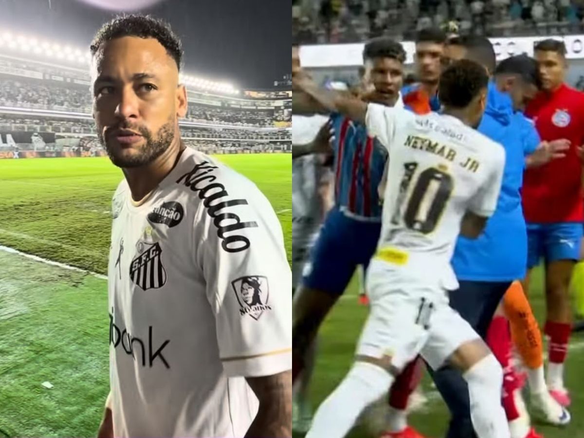 Neymar leva vermelho por atirar bola em Rodrigo Nestor no Santos x Bahia